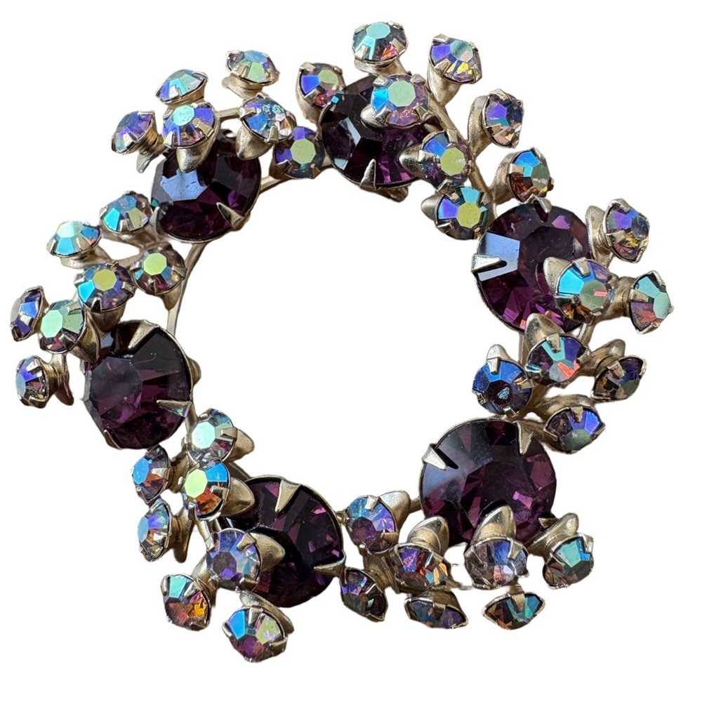 Vintage Amethyst & Aurora Borealis Rhinestone Wreath Brooch Gold Tone